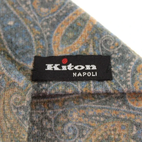 Kiton NWOT Wool/Silk Blend Neck Tie in Gray/Blue/Green/Beige/Mustard Paisley